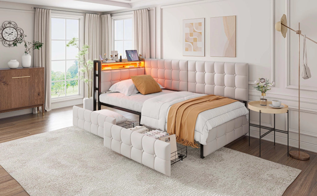 DESMIU Divano letto 90 × 200 cm 1 posto con 2 cassetti, LED, USB e Type-C, senza materasso, in tessuto beige
