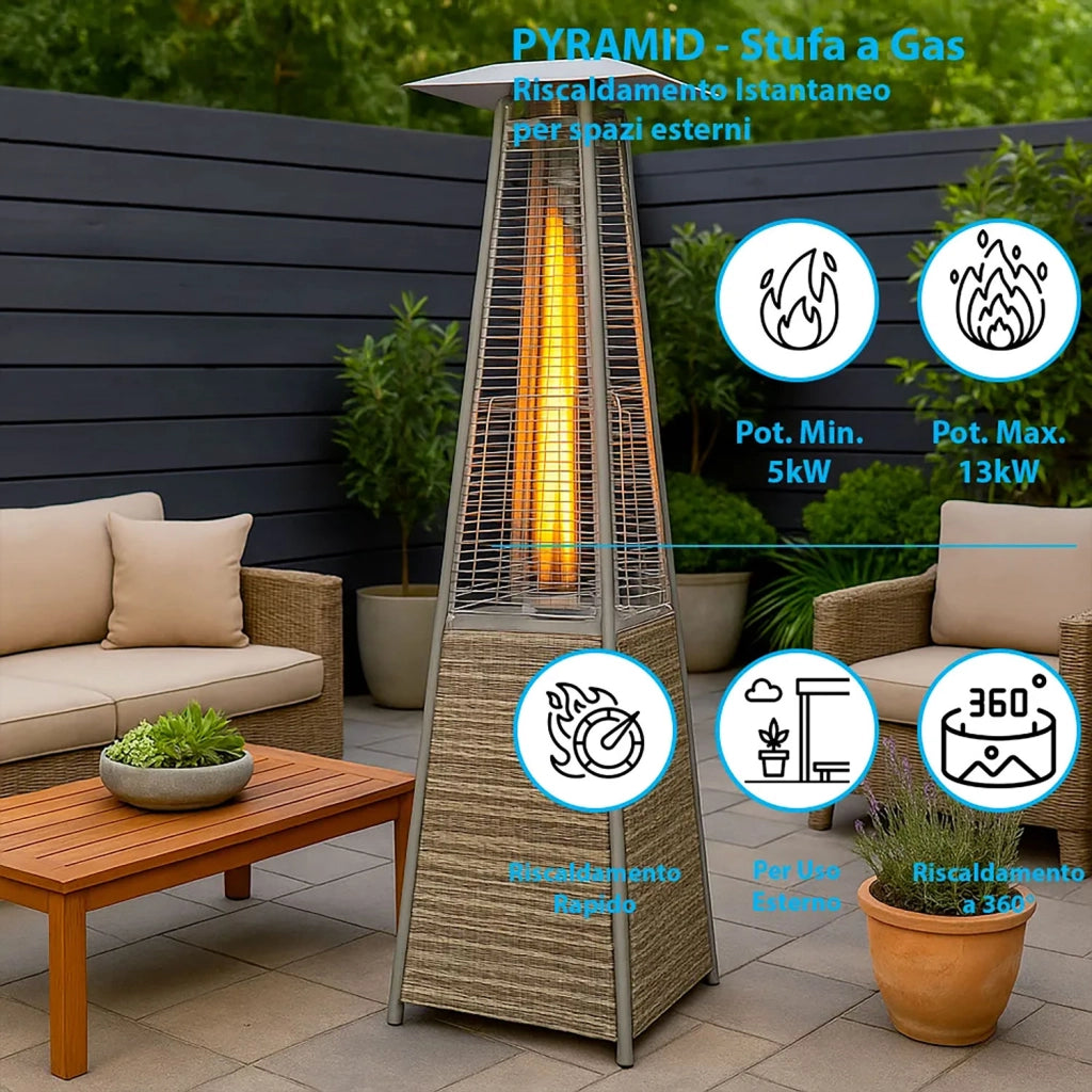 Stufa a Fungo a Gas Max 13kW Fiamma Viva Verticale 52x52x227 cm Pyramid Grigio Rattan