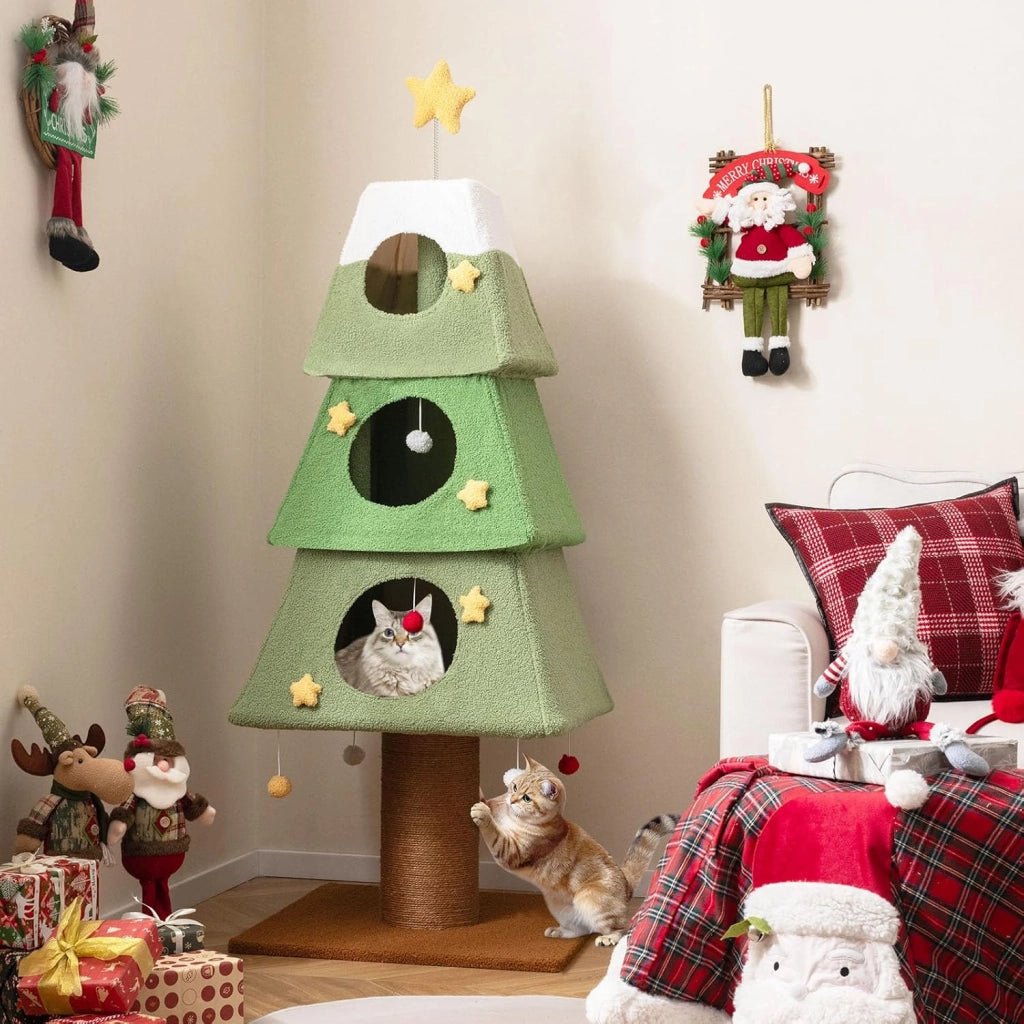 Albero per Gatti da Interno, Tiragraffi per Gatti Alto 162 cm con 3 Condo, Palo Tiragraffi in Sisal e Palline Pendenti, Mobile per Arrampicata per Decorazione Festiva