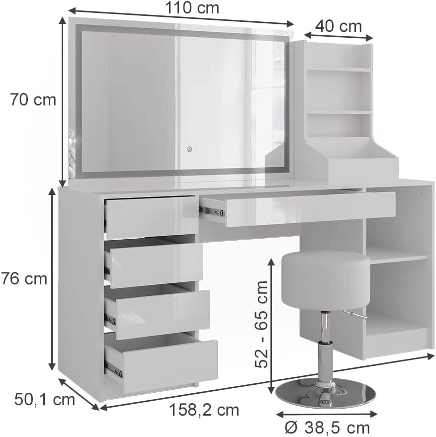 Tavolo da toeletta Sherry, Bianco/bianco lucido, 158.2 cm 4 parti, con illuminazione LED e sgabello imbottito