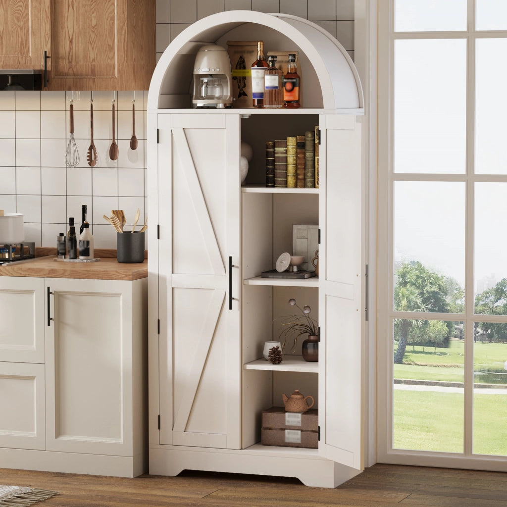 Credenza alta ad arco in MDF bianco, 75 x 35 x 170 cm, con ripiani regolabili e struttura salvaspazio