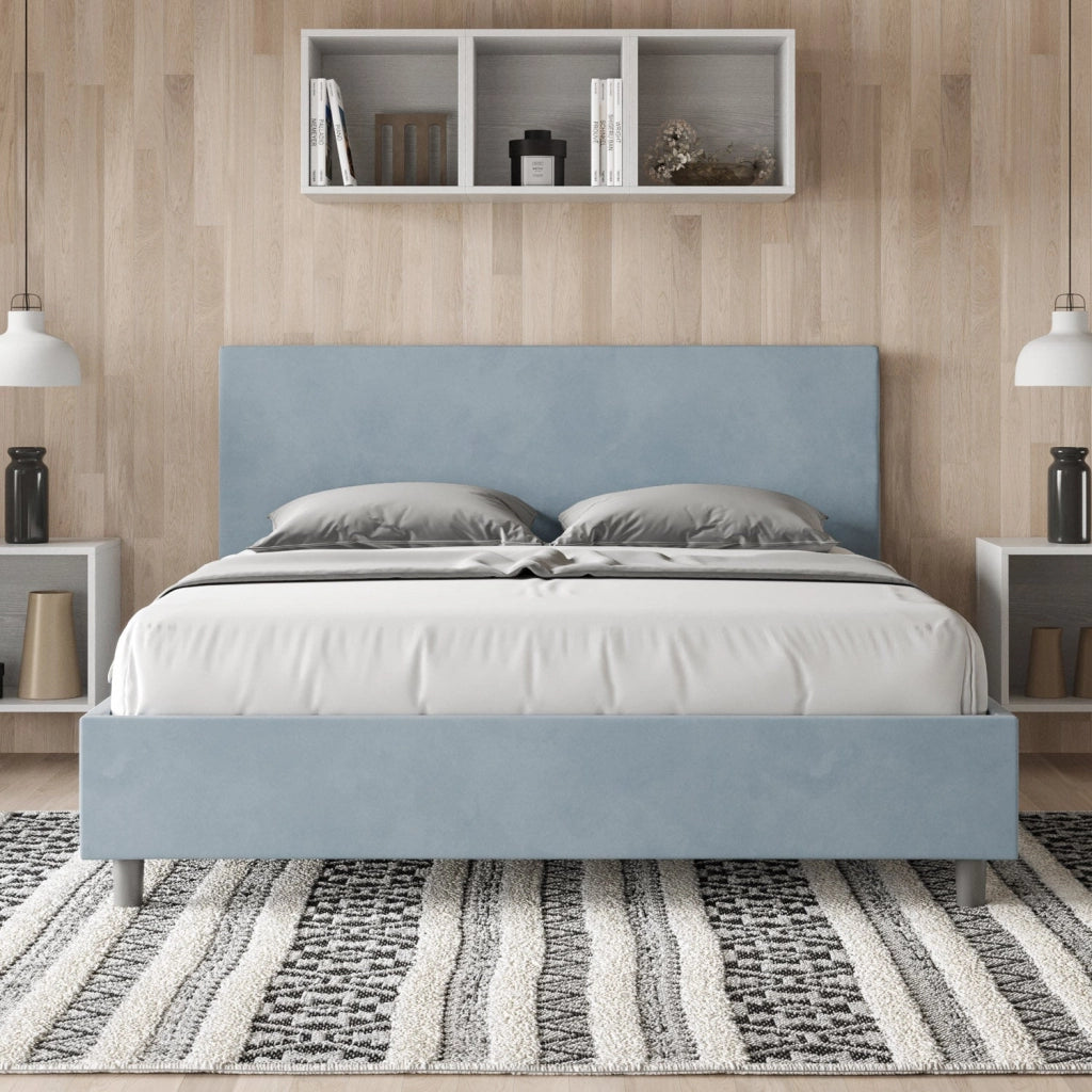 Letto matrimoniale francese senza rete imbottito 140x200 microfibra azzurro Adele