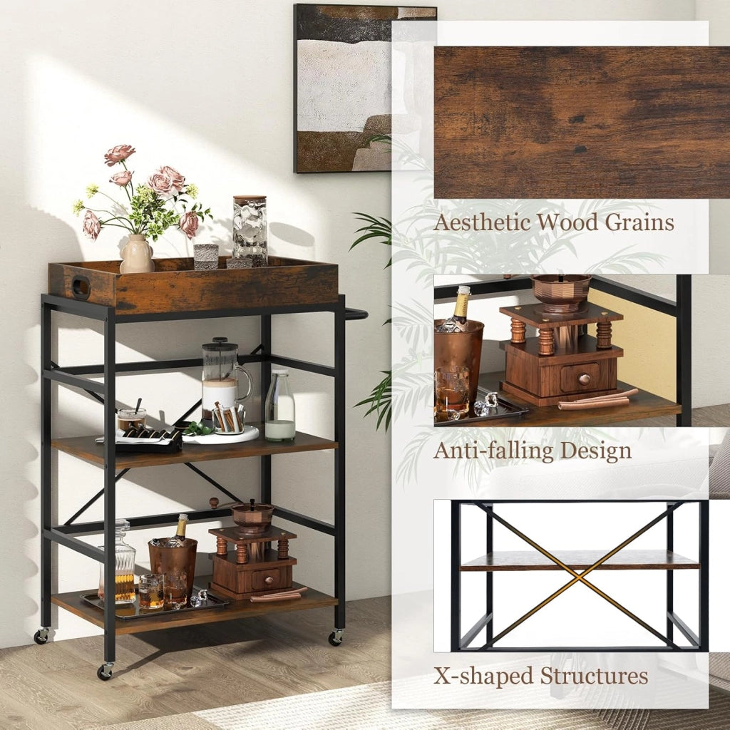 Carrello da cucina con vassoio estraibile e 4 ruote, carrello di servizio a 3 livelli con telaio in metallo, 73 x 40 x 94 cm, stile industriale, carrello ausiliario per cucina, sala da pranzo