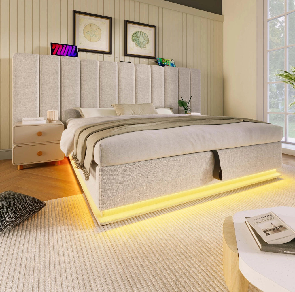 Letto imbottito matrimoniale 180x200 cm con contenitore; LED 360°; USB e Type-C; beige; con materasso