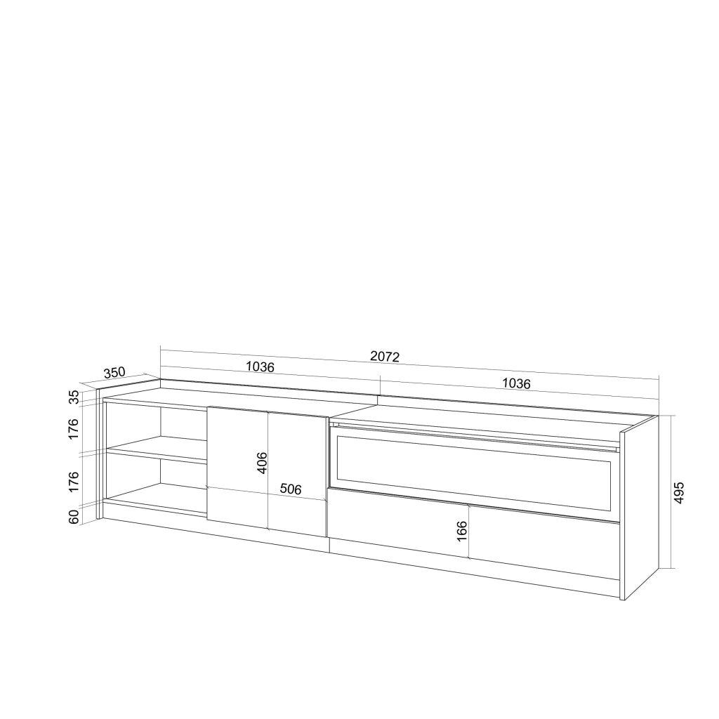 Mobile TV Soggiorno, 207x50x37 cm, Per TV fino a 80", Camino elettrico, Bianco e Rovere soft