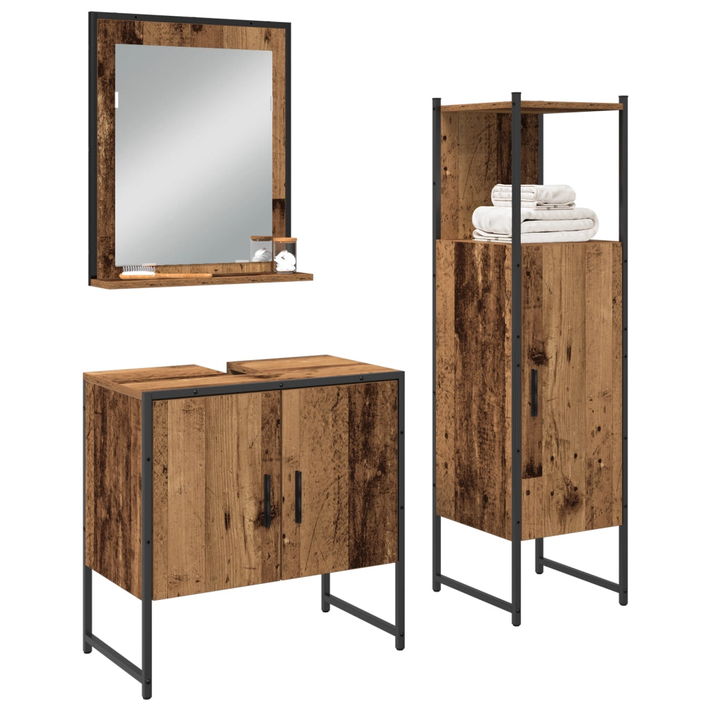 Set di Mobile Bagno 3 Pezzi in Legno Invecchiato