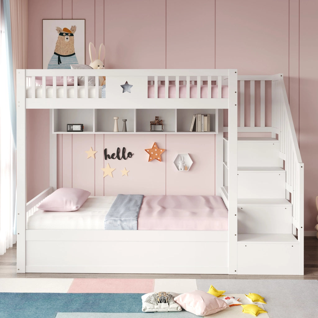 OKWISH Letto a castello 140×200 cm, Letto Matrimoniale con Contenitore idraulico, Scala con Contenitore e Mensole, senza Materasso, in Legno, Bianco