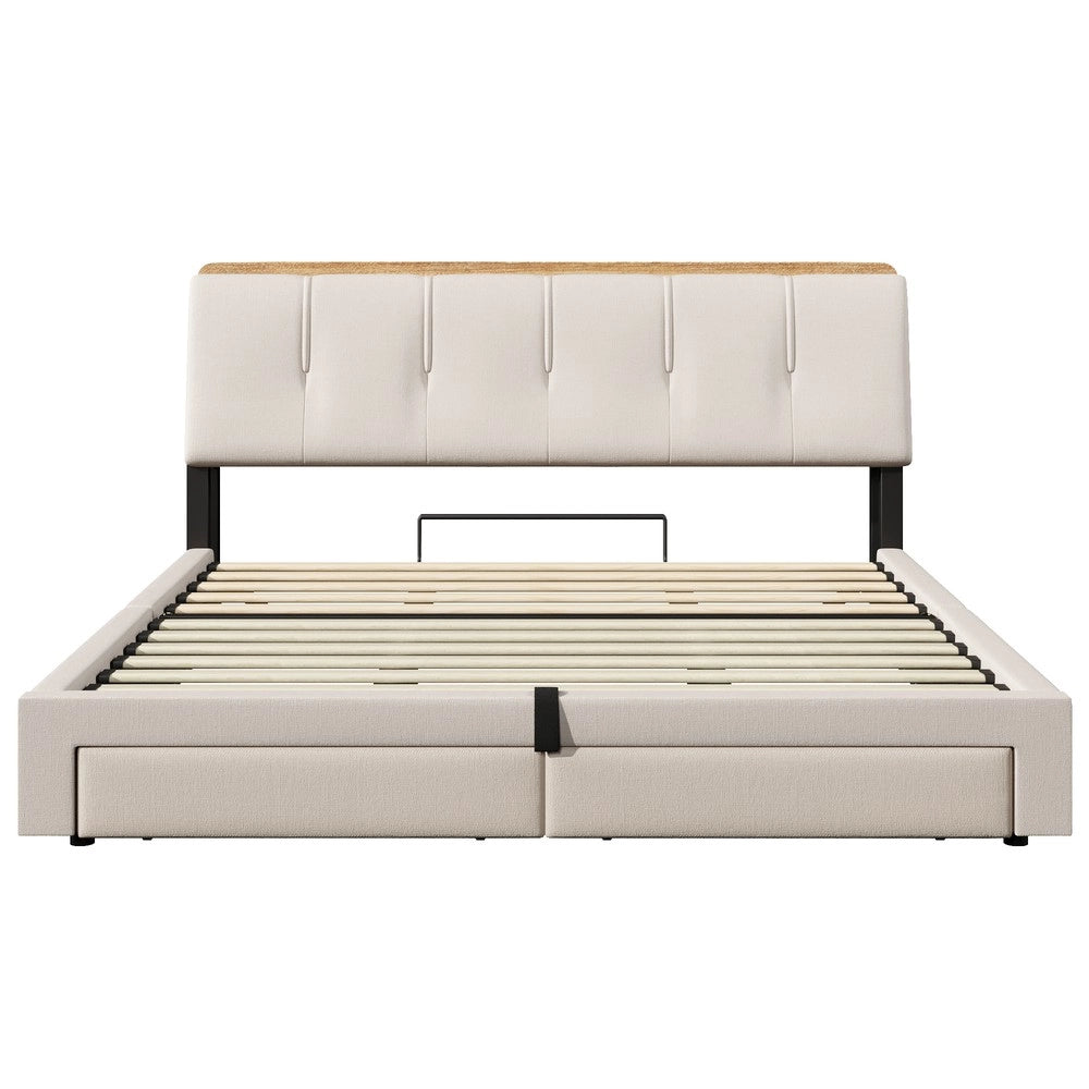 Letto Imbottito Contenitore con LED ¨C MINIMAL ¨C Matrimoniale 180x200, Idraulico, Tessuto Beige