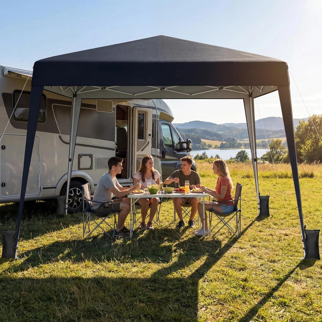 Gazebo da Giardino 3 x 3 M, Tendone Parasole con Telo Impermeabile e Resistente, Sacchi di Sabbia, Pieghevole, Portatile e Altezza Regolabile, per Esterno, Mercati, Fiere e Campeggio (Nero)