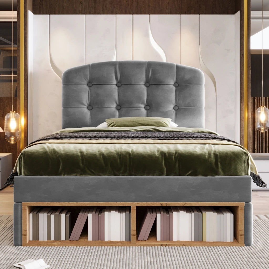 LETTO 90x200 cm Imbottito in Velluto Grigio con Cassetti e Testiera Regolabile