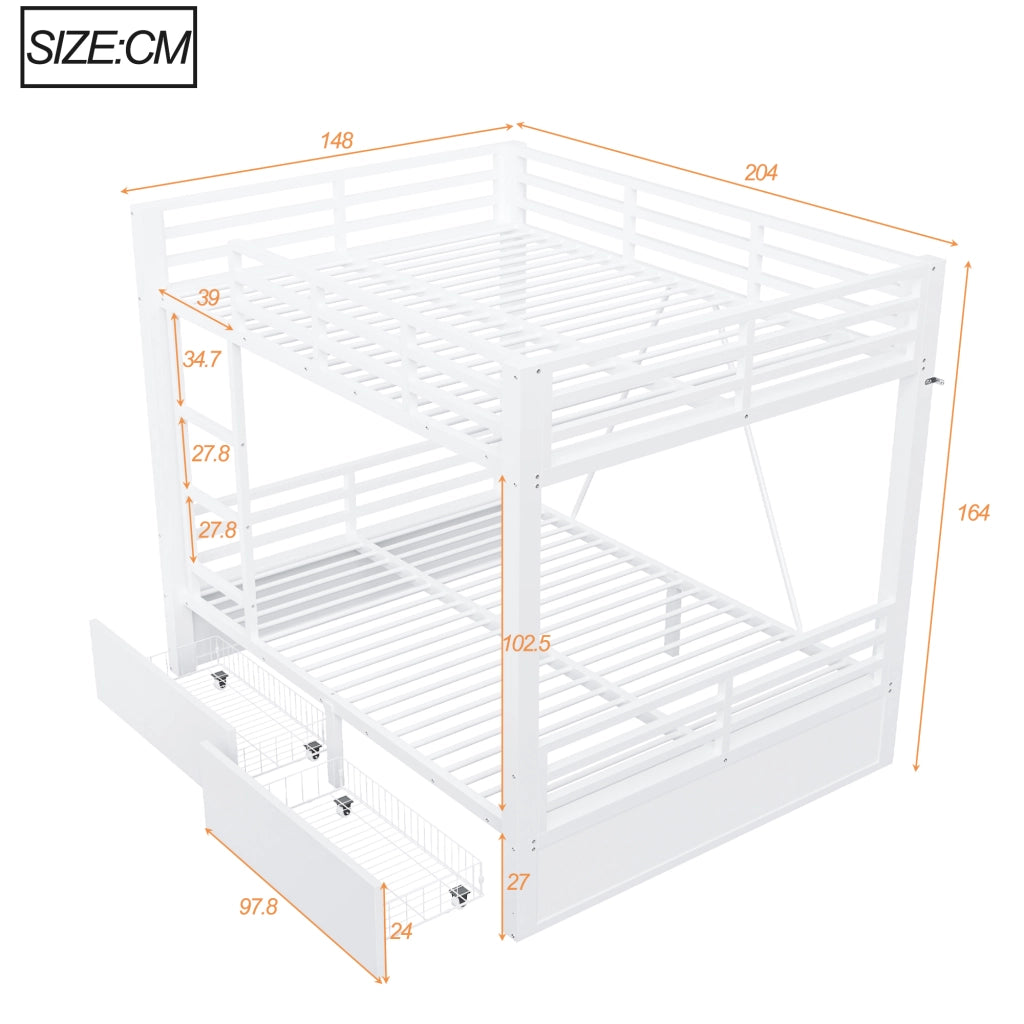 Letto a castello 140 × 200 cm con 2 cassetti, scala e sponde di sicurezza, senza materasso, bianco