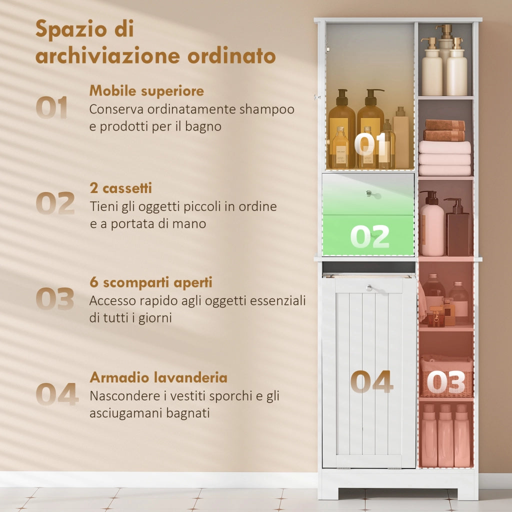 Armadietto da Bagno 60x28,8 x 171 cm conCesto Biancheria Inclinabile in MDF e Tessuto Bianco