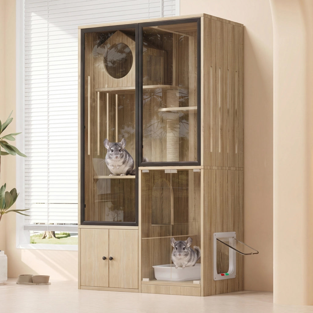 Villa per gatti da interno in MDF e vetro, struttura a più livelli con porta chiudibile, colore naturale