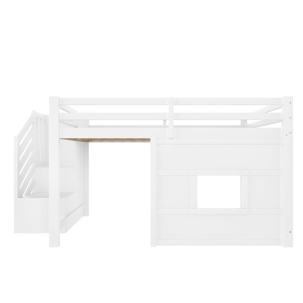 Letto a Soppalco con Scala Contenitore e Finestra ¨C MINIMAL ¨C Bianco 140x200