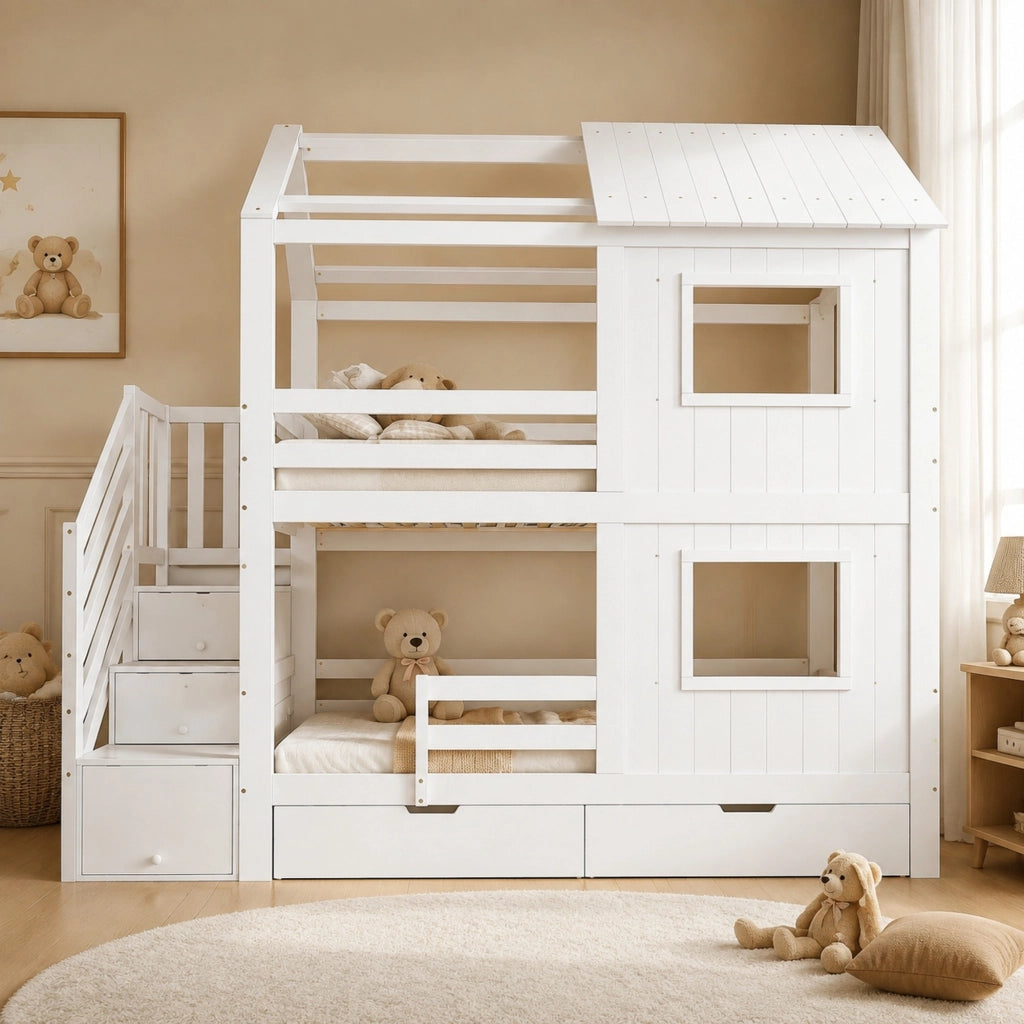 Letto a castello per bambini bianco 90x200 cm con scala contenitore