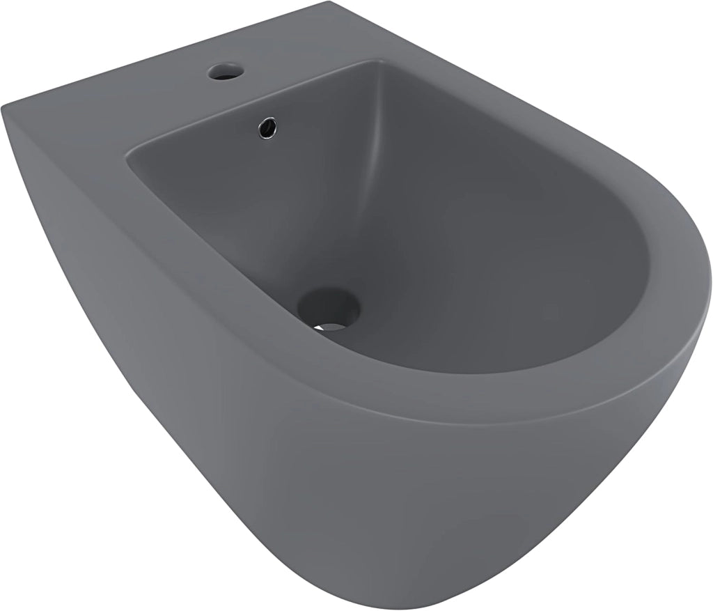Coppia Sanitari Filomuro Vaso WC Rimless Tornado Flush Bidet Ceramica Design Moderno Con Copriwater Soft Close Grigio Opaco