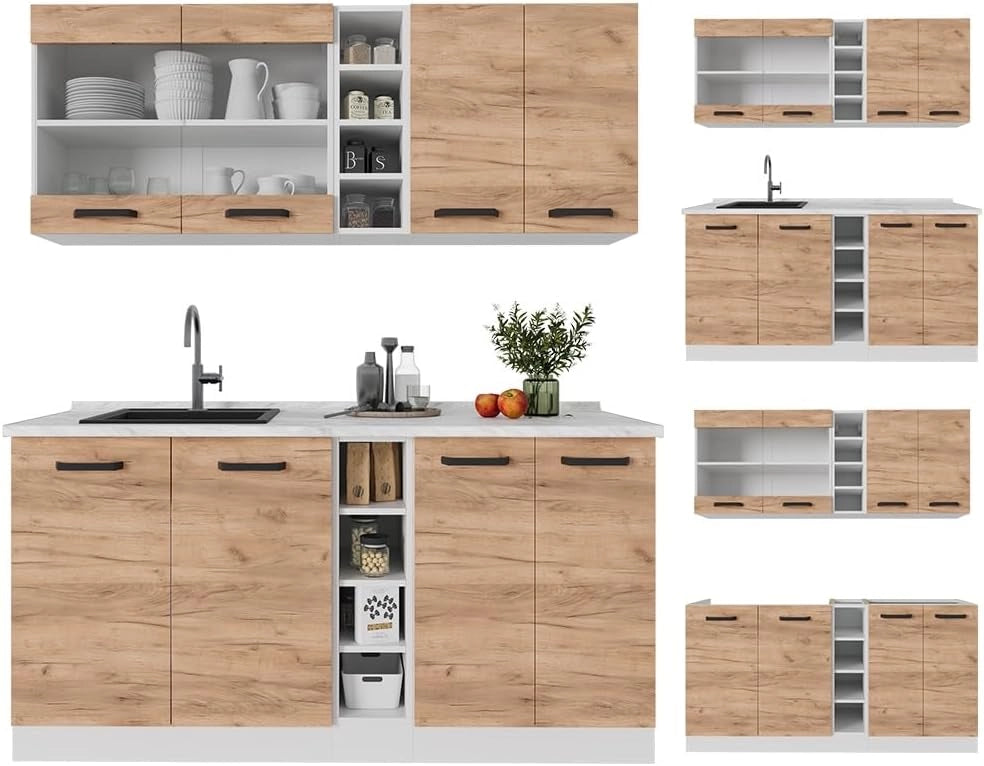 Cucina completa R-Line, Quercia dorata/bianco, 160 cm PL Rovere, con disposizione flessibile dei moduli ed espandibile