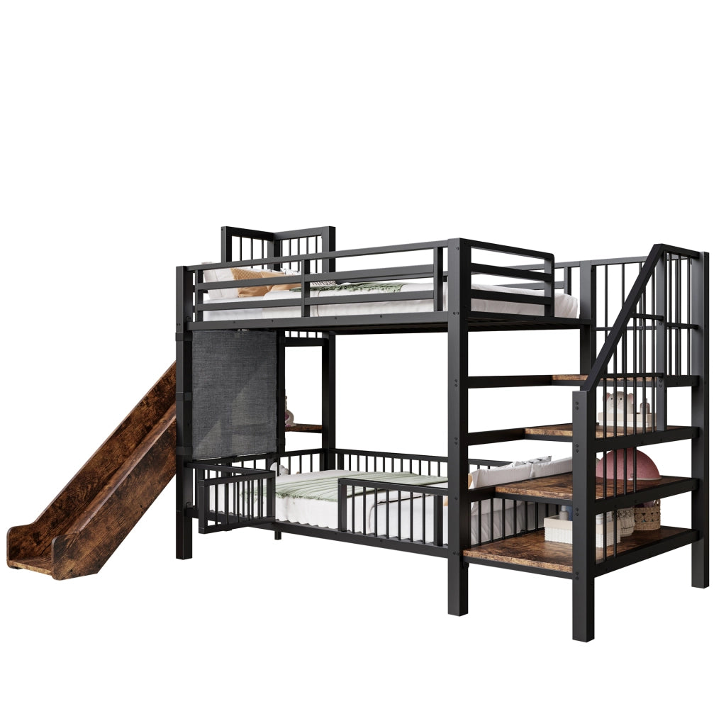 Letto a Soppalco 90x200 cm con scivolo; scala con contenitore e ripiani - Metallo Nero