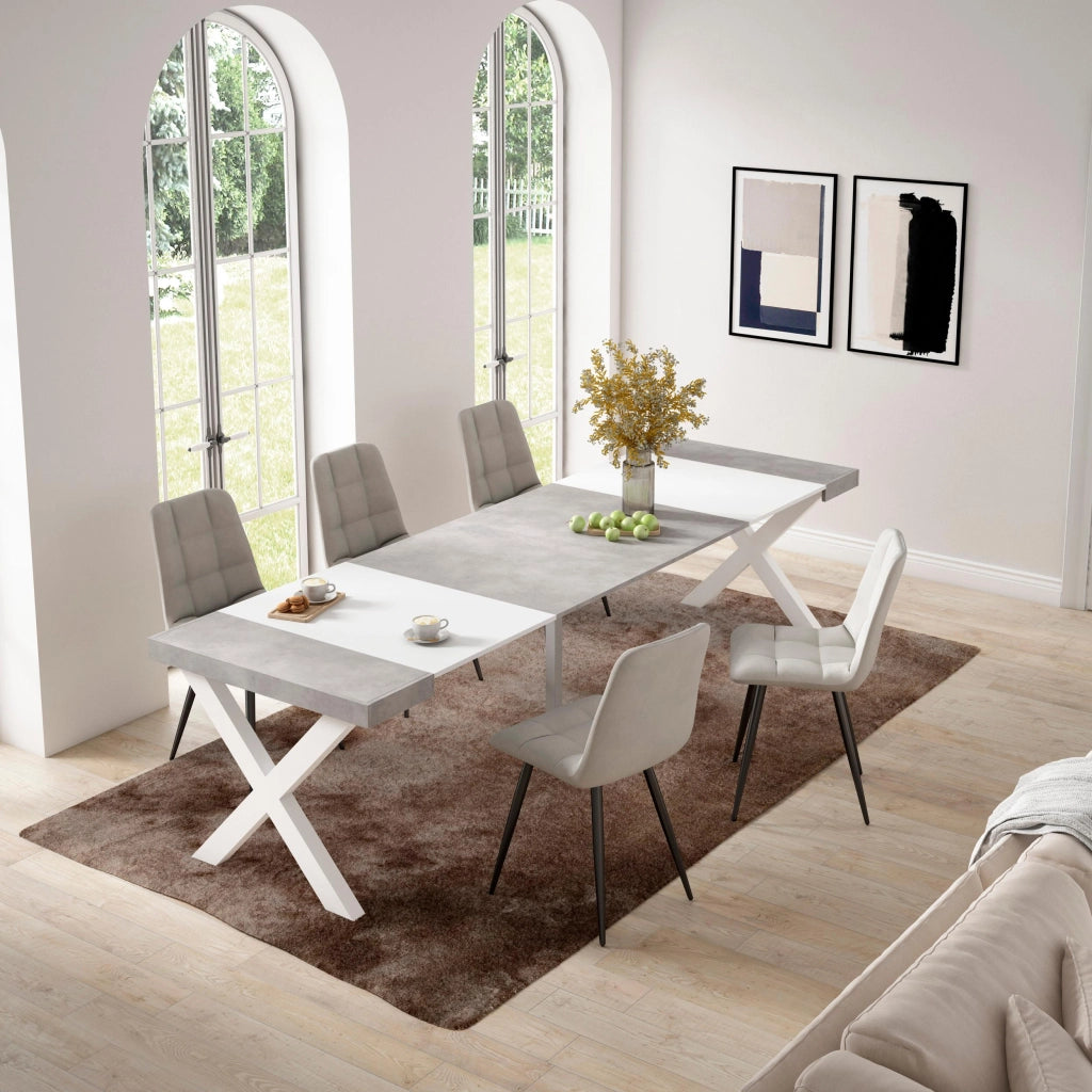 Consolle allungabile, 58 fino 302x90x73cm, Per 14 persone, Gambe in legno, Bianco e grigio cemento RF2828