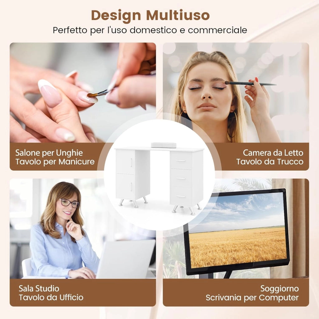 COSTWAY Tavolo per Manicure, Tavolo per Unghie con Cassetti, Cuscino Poggia Polsi e Gambe in Metallo, Stazione per Unghie Estetista Nail Art per Salone di Bellezza (Bianco)
