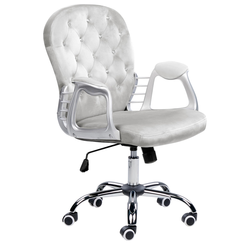 Sedia da ufficio in velluto grigio chiaro con cristalli e altezza regolabile e schienale trapuntato stile retrò moderno