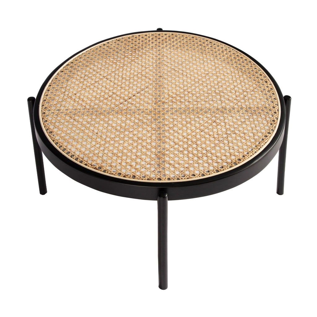 Tavolino rotondo in rattan, legno nero e acciaio nero