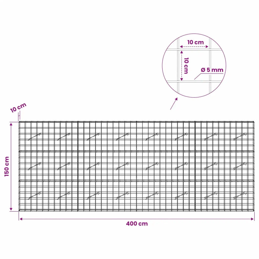 Gabione con filo da 5 mm e rete 10x10 cm 400x10x150 cm 3464954