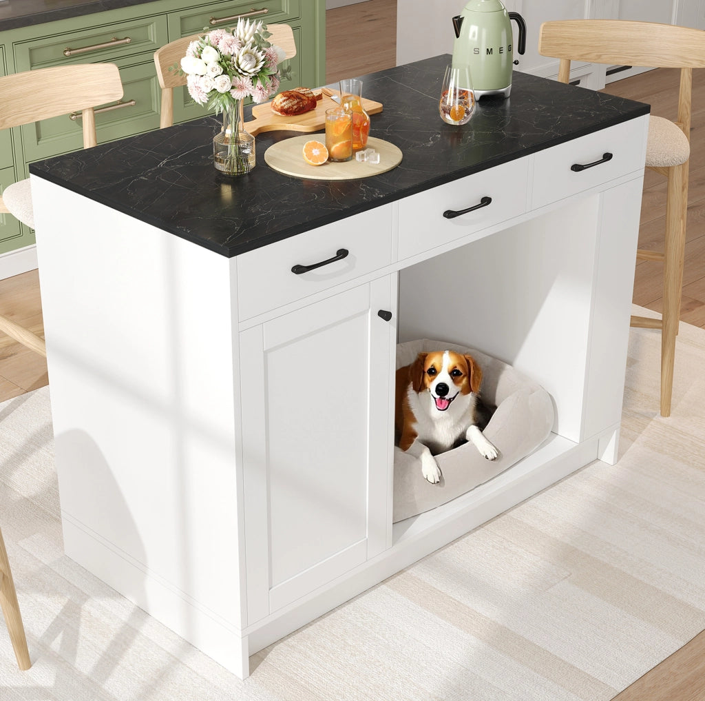 Isola da cucina con area per animali; 3 cassetti e ripiano regolabile; bianco