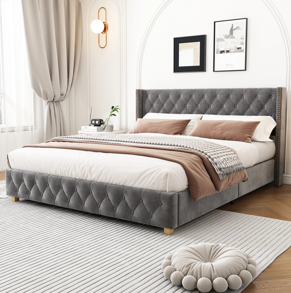 Letto imbottito 160x200 cm con testiera e rete a doghe; velluto grigio