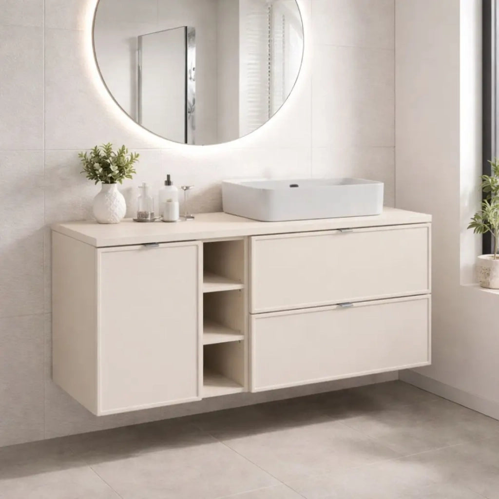 Set BRAZZA: mobile sottolavabo 140cm con nicchie visibili e cesto per la biancheria integrato + piano per lavabo + lavabo da appoggio