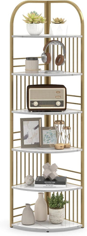 Scaffale Angolare a 6 Ripiani, Libreria Alta 181,5 cm Autoportante con Struttura in Metallo Robusto, Espositore Verticale per Soggiorno, Camera da Letto, Ufficio (Bianco)