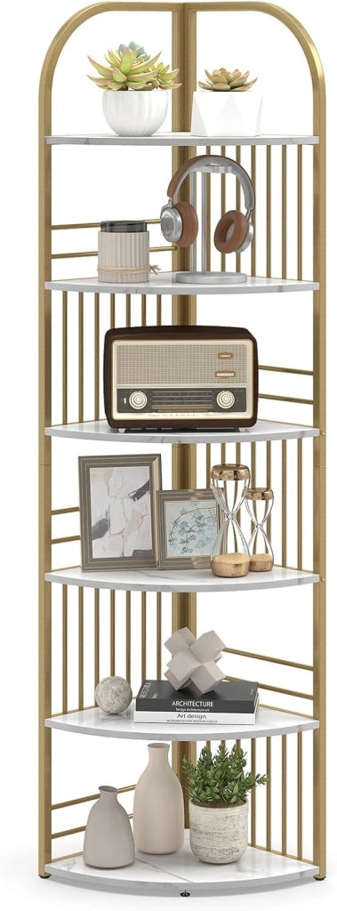 Scaffale Angolare a 6 Ripiani, Libreria Alta 181,5 cm Autoportante con Struttura in Metallo Robusto, Espositore Verticale per Soggiorno, Camera da Letto, Ufficio (Bianco)