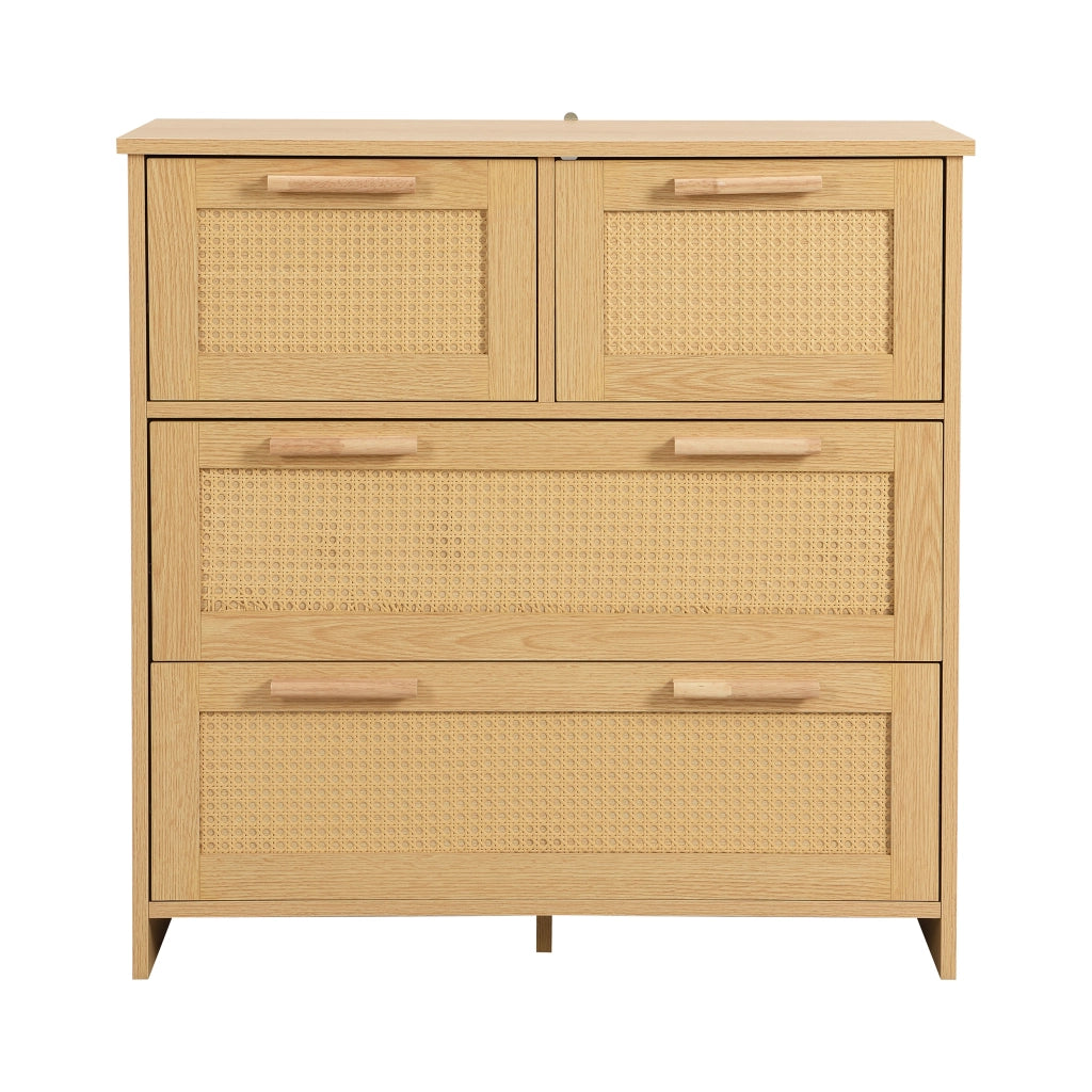 Cassettiera con 4 Cassetti in Rattan e Maniglie in Legno Massello; Stile Moderno; in MDF; 80??38??80 cm; Naturale