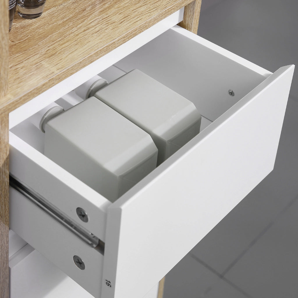 Scaffale Bagno Salvaspazio in Legno, Mobiletto a Colonna con Ripiani, Armadietto e Cassetto, Bianco, 32.6x30x171.2cm