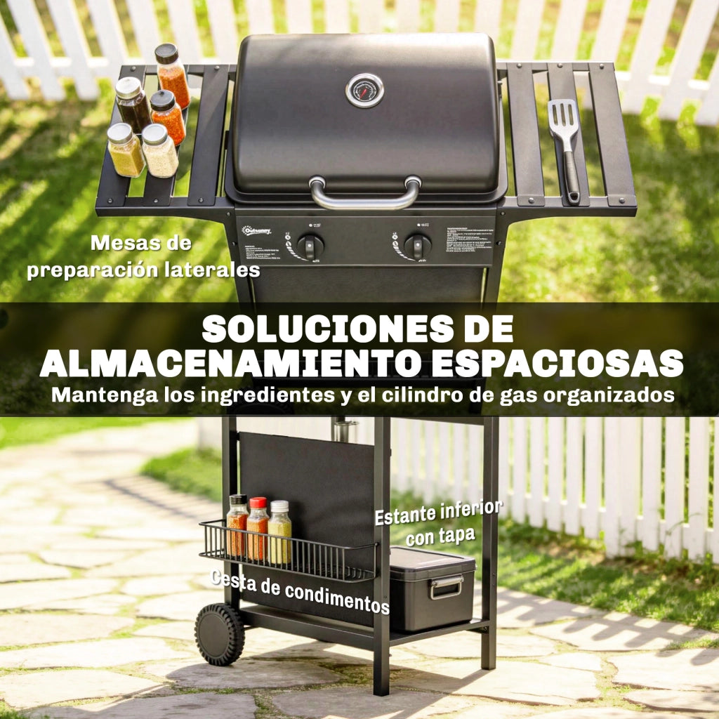 Barbecue a Gas 2 Bruciatori 5 kW ¨C Minimal ¨C Nero con Termometro, Griglia e Ruote