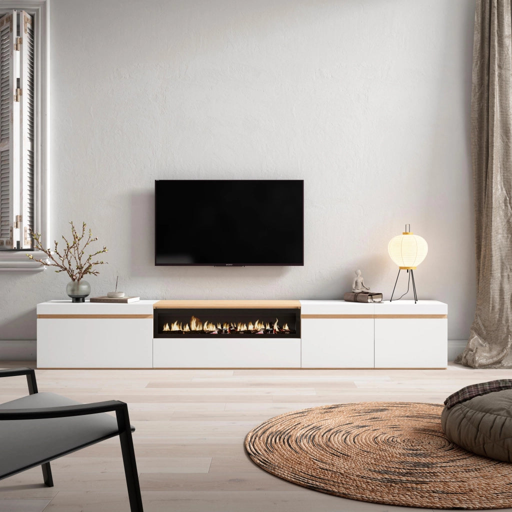 Mobile TV Soggiorno, 288x45x35 cm, TV di grande formato, Camino elettrico, Bianco e Rovere soft