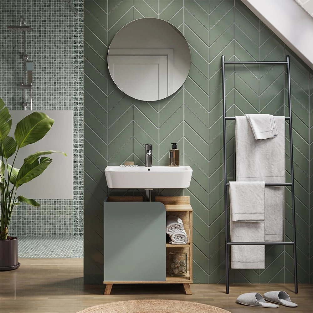 Mobiletto per lavabo Karen, Sonoma/blu, 60 x 65 cm con porta e vani aperti, con ritaglio per sifone per il montaggio sotto il lavabo