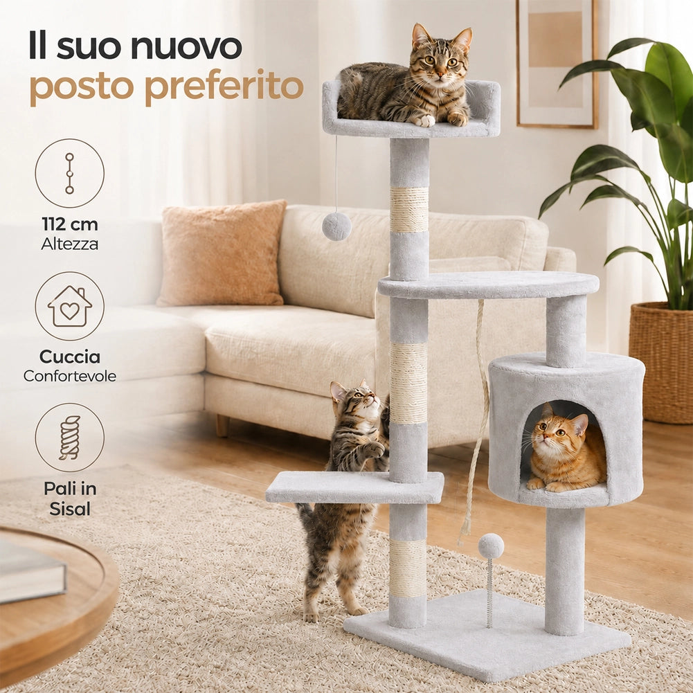 Albero Tiragraffi Gatti Parco Giochi Cuccia Graffiatoio gatto 112cm Grigio Chiar