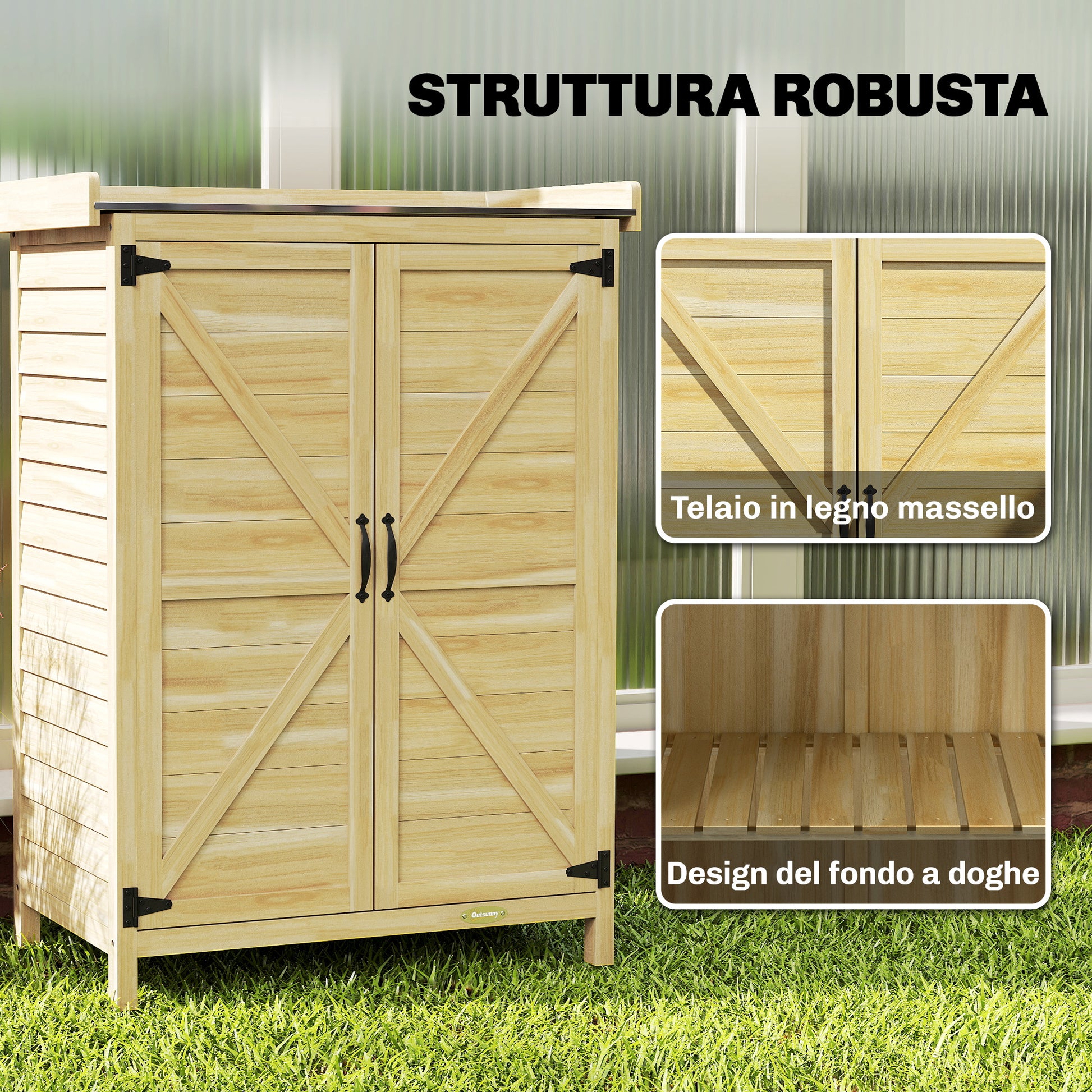 Armadio da Giardino 71.5x39x95 cm con Piano in Acciaio Ripiani e Ganci in Legno
