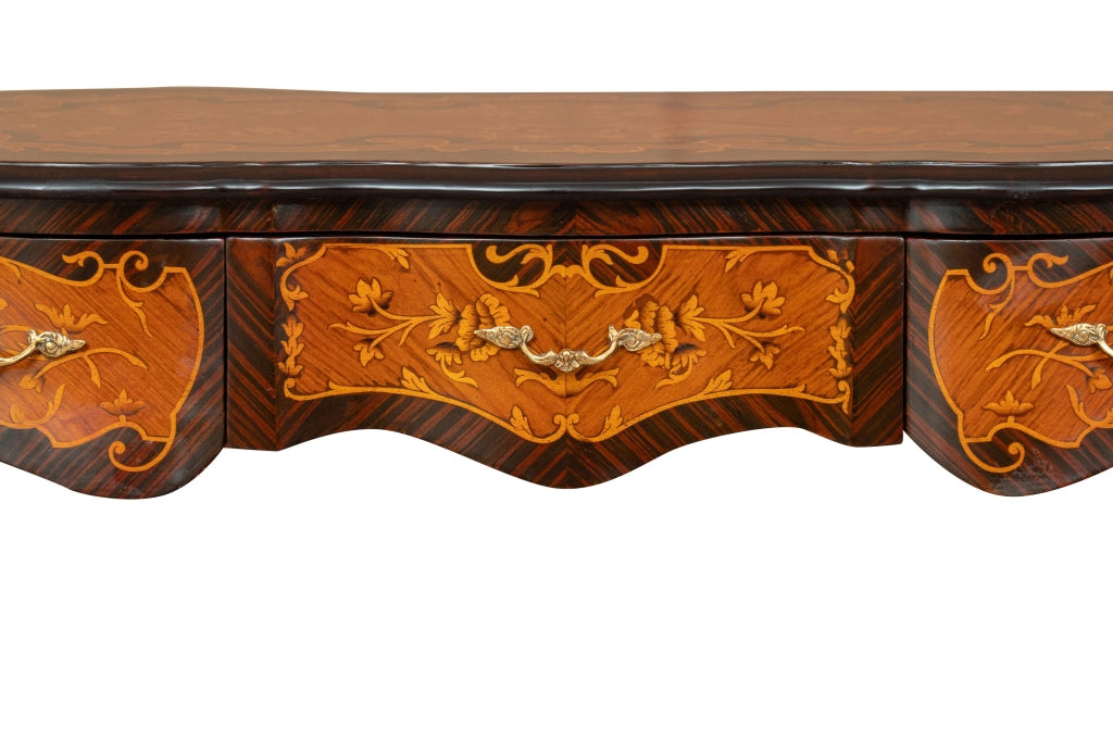 Biscottini Scrivania in legno impiallacciato finitura noce arricchita con intarsi e decori in bronzo totalmente realizzati a mano