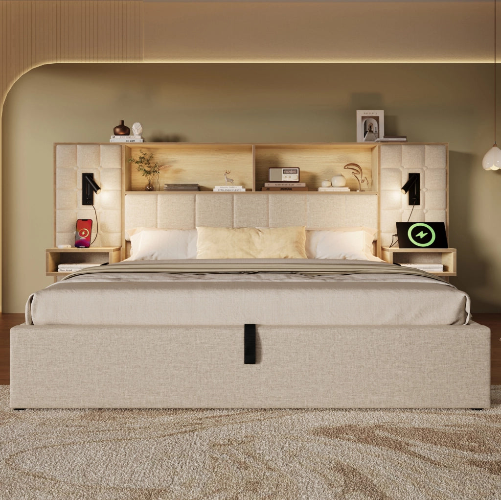 Letto imbottito beige 180x200 con luci lettura e vano contenitore