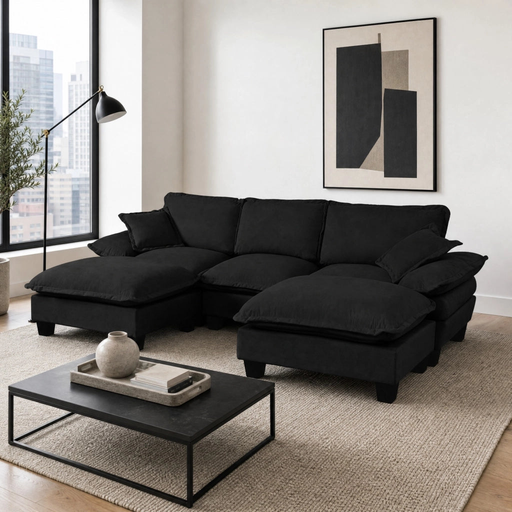 Divano panoramico a U modulare con pouf rimovibile e braccioli imbottiti in ciniglia nero 263 × 151 × 90 cm