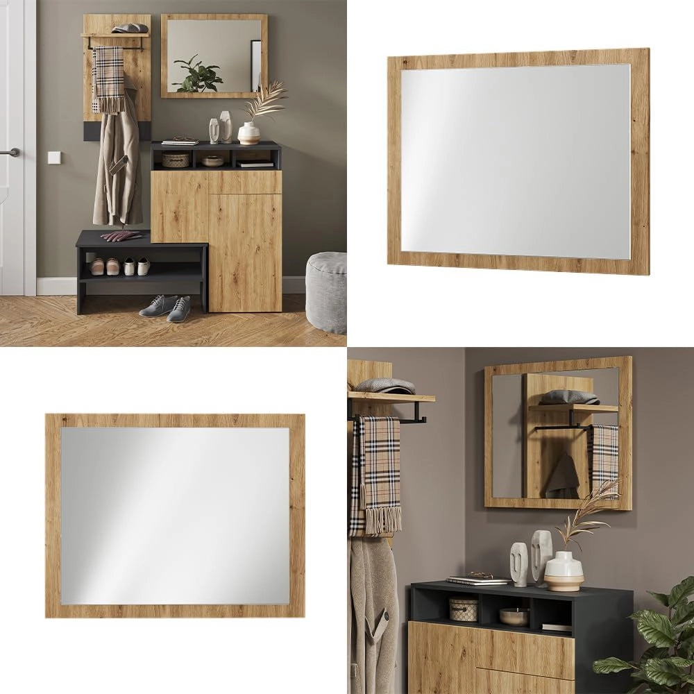 Specchio da parete Selena, Rovere artigianale, 70 x 55 cm, adatto al montaggio a parete per un'installazione salvaspazio