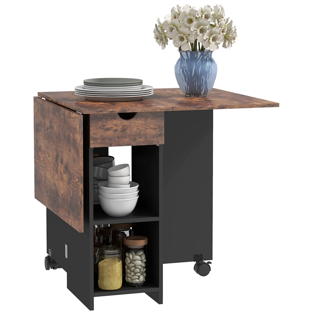 Tavolo da Cucina Pieghevole con Ruote e Cassetto ¨C Zephmum ¨C 120x72x75 cm Marrone e Nero