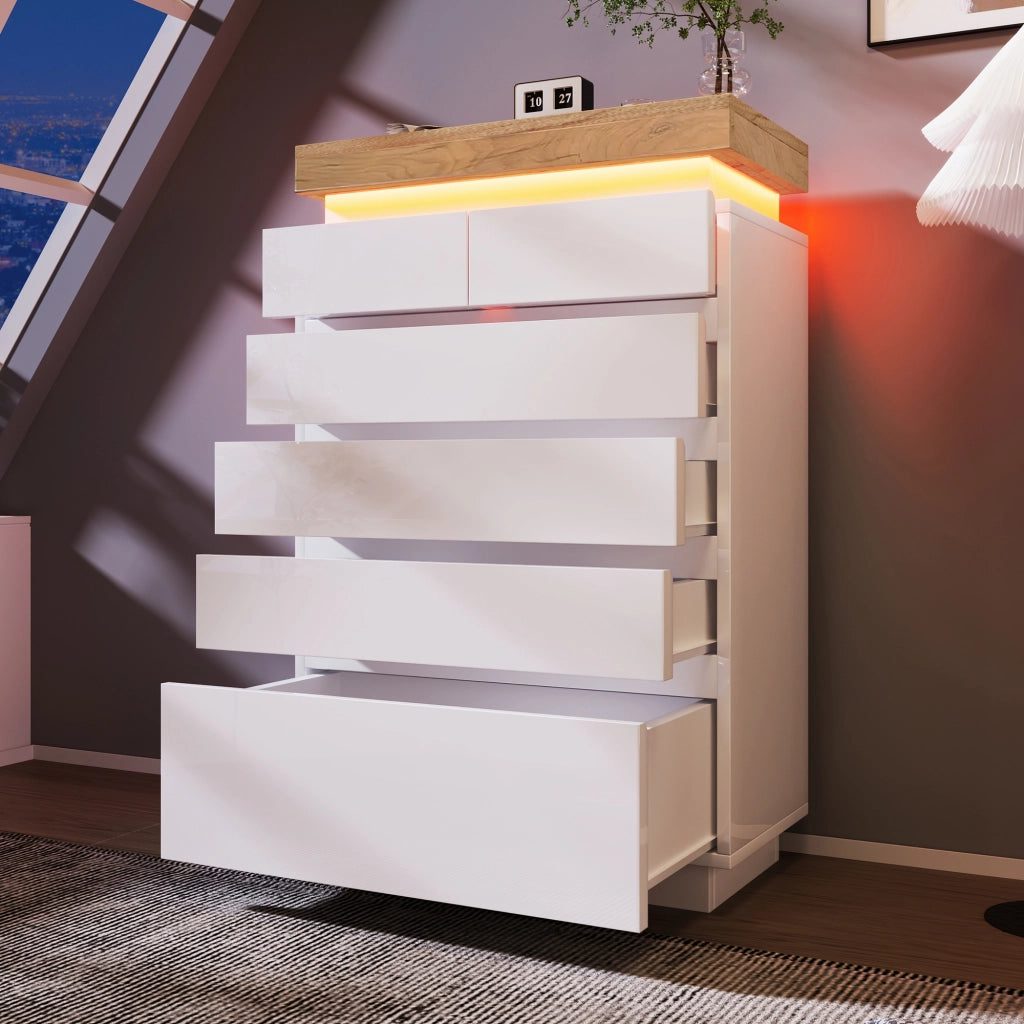 Comodino alto lucido con 6 cassetti e LED, credenza multiuso in bianco 115 x 73 x 39 cm