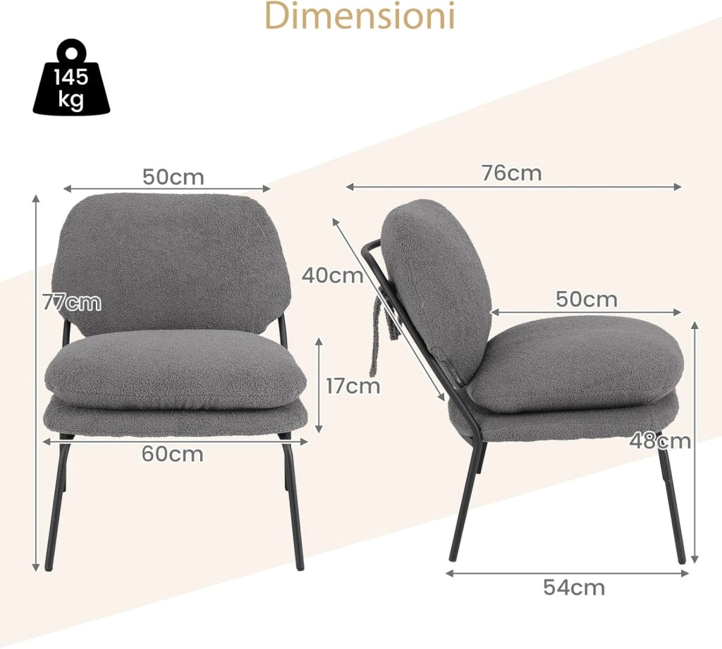 Sedia Sala da Pranzo Imbottita in Tessuto Peluche, Sedia con Cuscino Senza Ruote e Braccioli, Sedia Moderna Comfortevole per Cucina, Salotto, Soggiorno e Camera da Letto, Grigio