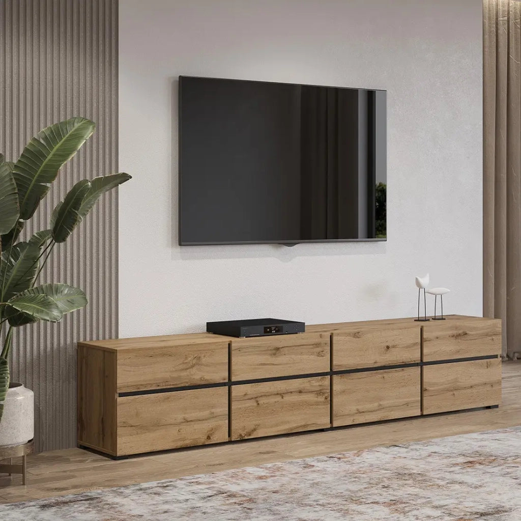 Mobile TV XL colore quercia e nero 225cm collezione HAVANA. Mobile design con 4 porte e 4 cassetti.