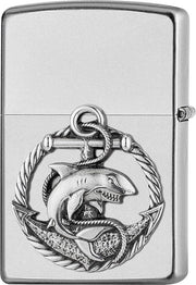 Stormaansteker satin chroom con emblema di un shark - benzina riempibile - scatola di regalo lussuosa