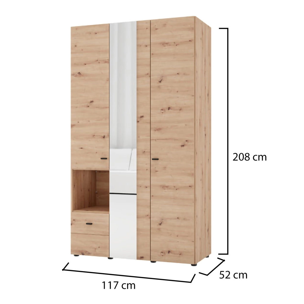 Armadio Camera da Letto Patzcu, Guardaroba 3 Ante Appendiabiti, 117x52 cm Marrone Rovere Nodi