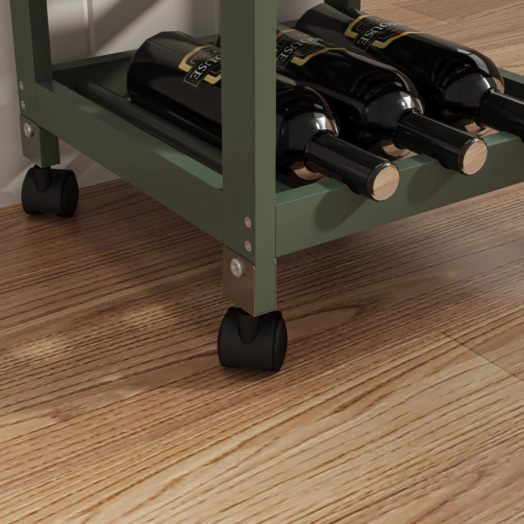 Carrello Portaoggetti Biel con Cassetto 3 Ripiani e Griglia Portabottiglie 76x37x37 cm - Verde / Effetto Legno [en.casa]